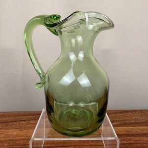 Pilgrim Glass Vintage Green Hand Blown Pitcher Ruffled Rim Mid Century Modern